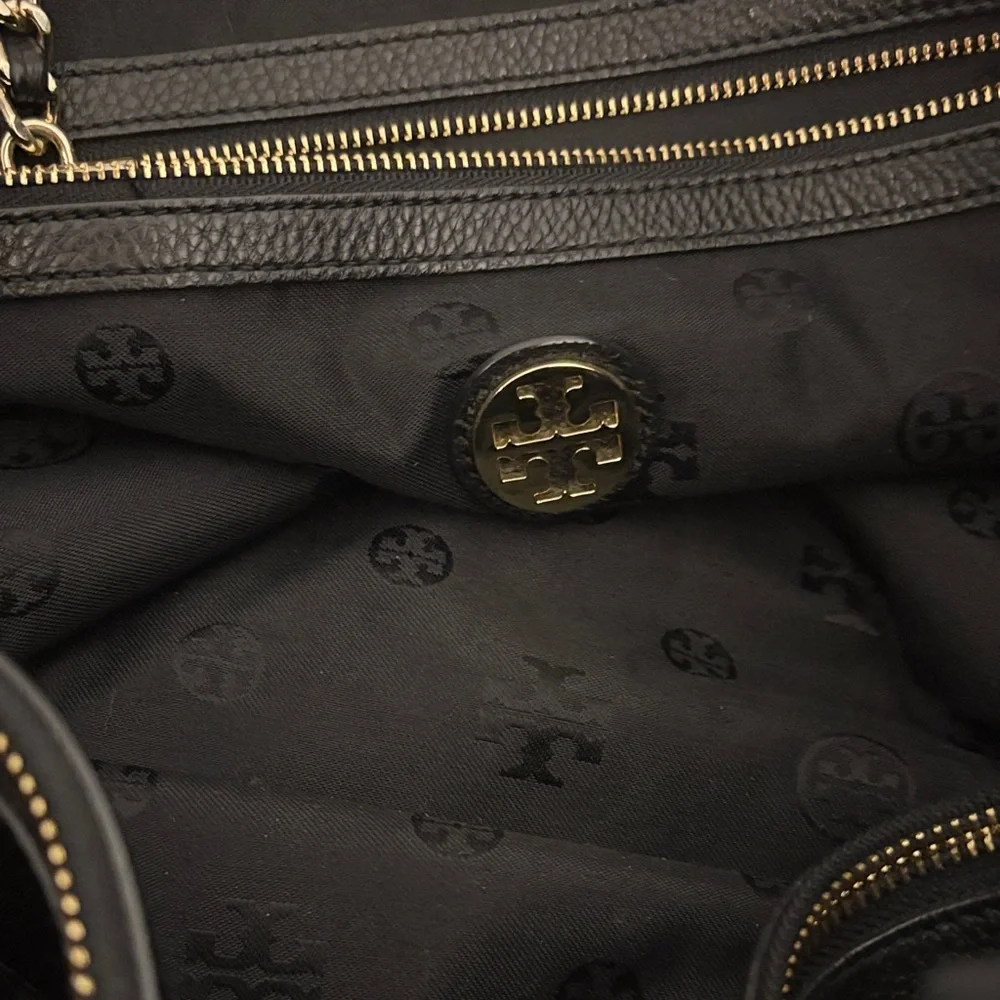 LIKE NEW Tory Burch Black Pebbled Leather Tote with Gold Chain - Picture 10 of 15